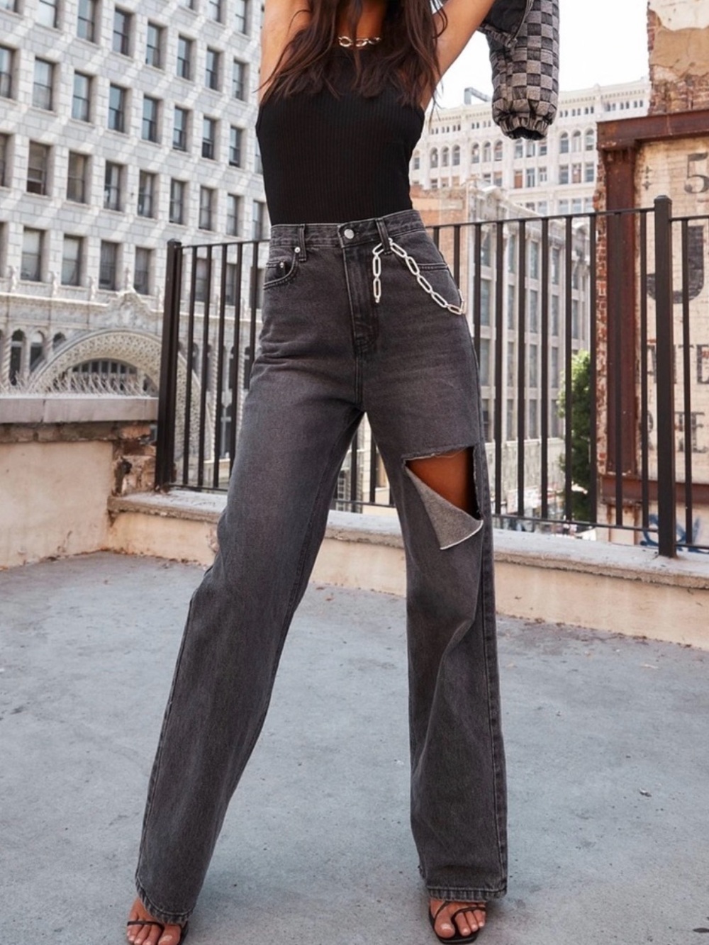 12th Tribe Black-Wash Brooklyn Slash Wide Leg Jeans with Thigh Distress